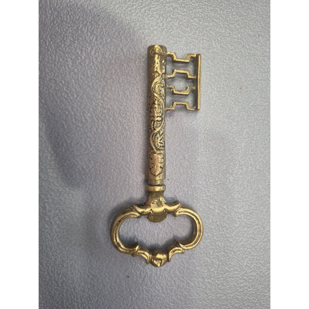 Vintage Brass Skeleton Key Corkscrew Ornate Decorative Hidden Wine Opener 5.25"